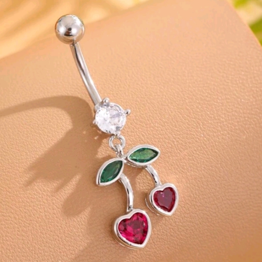 🍒 16G Stainless Steel Red Cherries & Green Leaf Gems Bellybutton Jewelry (OS)
